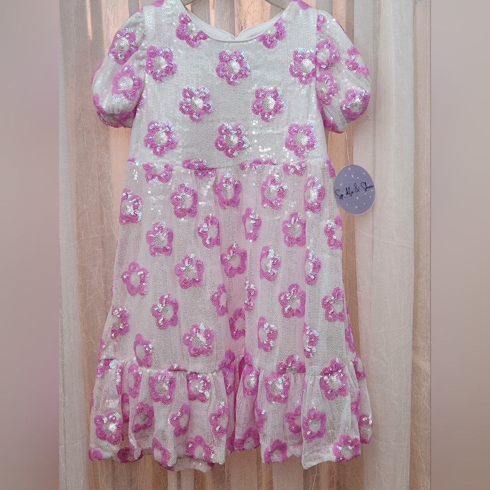 Sparkle & Shine Pink/White Sequin Floral Dress w/Puff Sleeves, Size 6, NWT - Picture 2 of 5